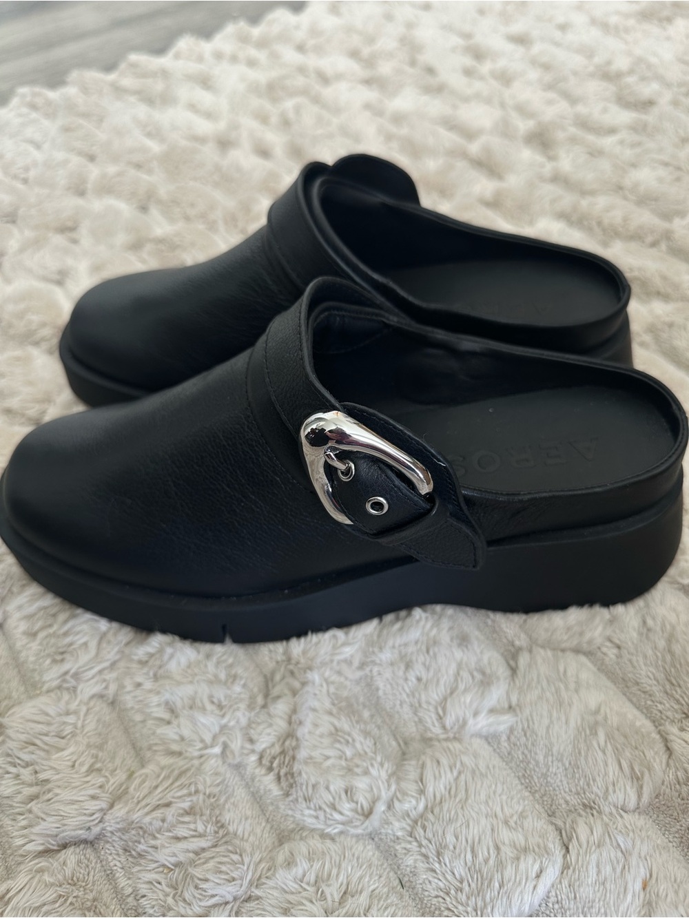 AEROSOLES Fox Women’s Slip-On Leather Clog Mules with Silver Buckle Strap